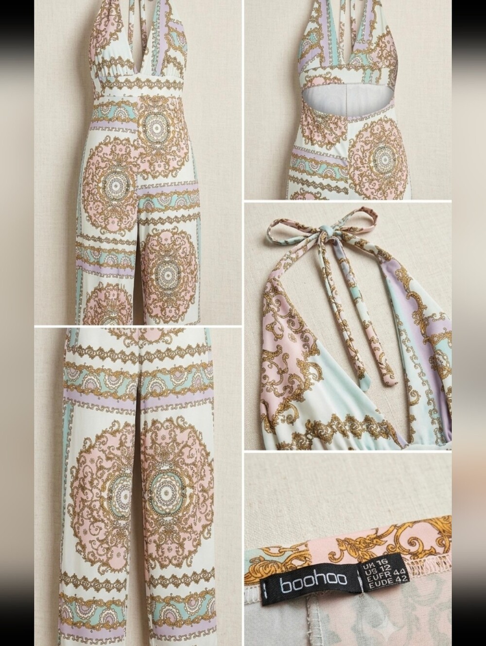 Boohoo Pink, Cream & Mint Halter Printed Jumpsuit